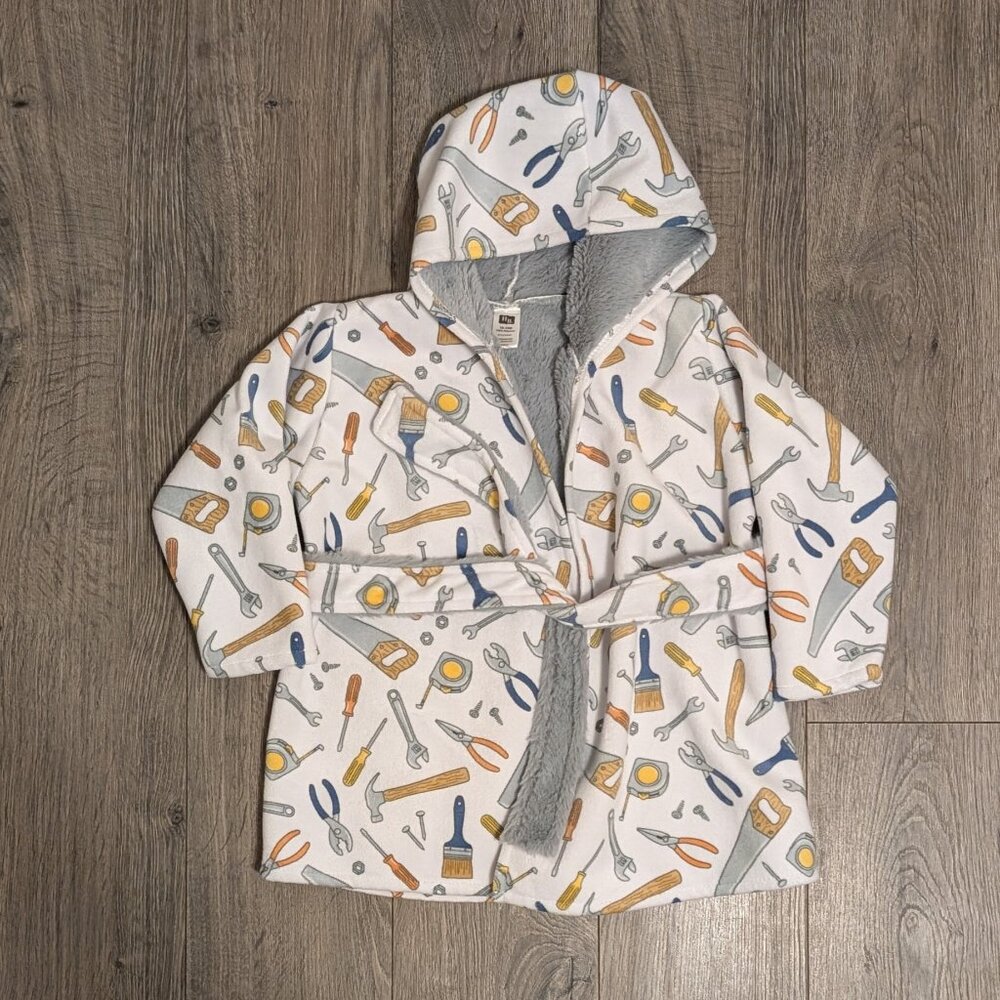 🎉 (18-24m) Hudson Baby White Hooded Kids Robe with Multicolor Tool Print